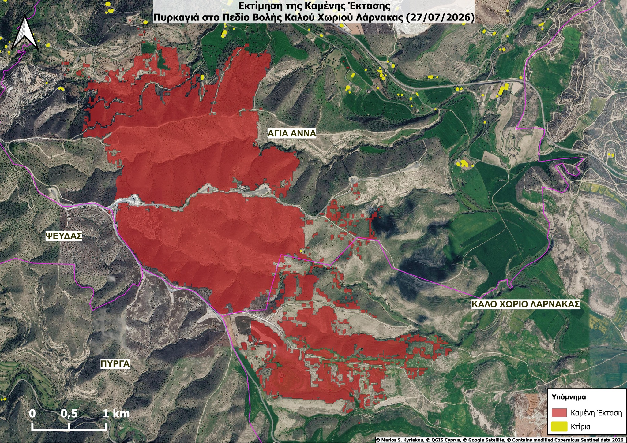 QGIS map showing the estimated burned area from the Kalo Chorio, Larnaca wildfire of 27 July 2026, based on Copernicus Sentinel-2 imagery