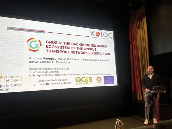 Andreas Georgiou presenting 'GNOSIS: The Backbone GIS-Based Ecosystem of the Cyprus Transport Networks Digital Twin' at QGIS User Conference 2025, Norrköping